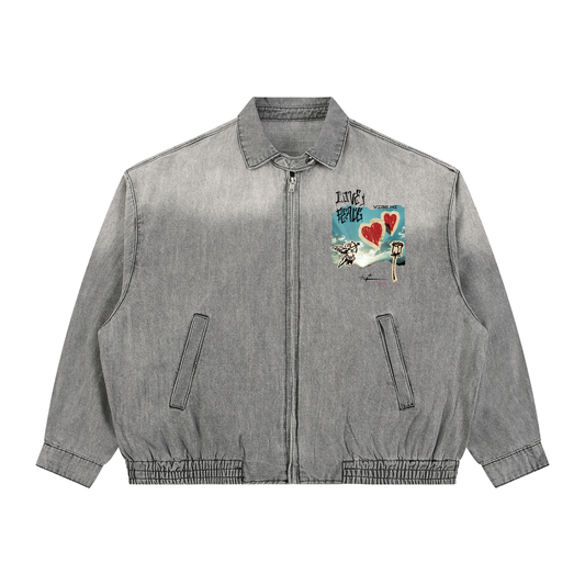 Love And Peace Unisex Vintage Wash Full-Zip Denim Jacket