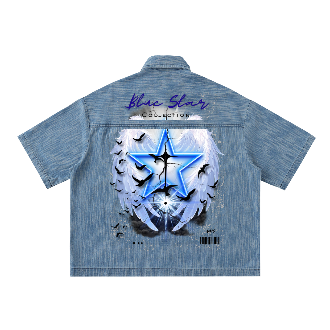 Blue Star ,New ,Distressed wash ,Graphic denim ,Demin shirt ,streetwear ,button up shirt ,boxy t-shirt ,wings t-shirt ,casual shirt
