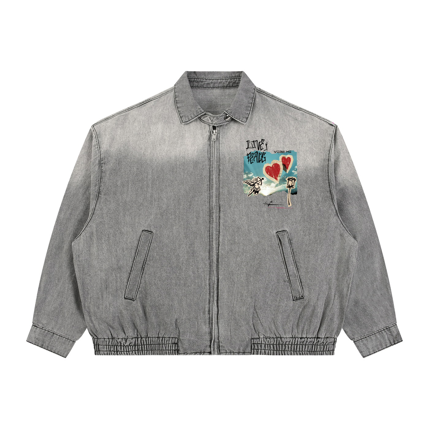 Love And Peace Unisex Vintage Wash Full-Zip Denim Jacket