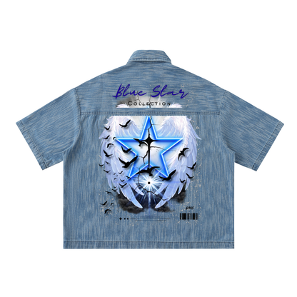 Blue Star ,New ,Distressed wash ,Graphic denim ,Demin shirt ,streetwear ,button up shirt ,boxy t-shirt ,wings t-shirt ,casual shirt 