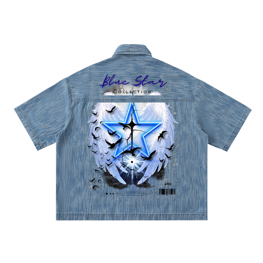 Blue Star ,New ,Distressed wash ,Graphic denim ,Demin shirt ,streetwear ,button up shirt ,boxy t-shirt ,wings t-shirt ,casual shirt 