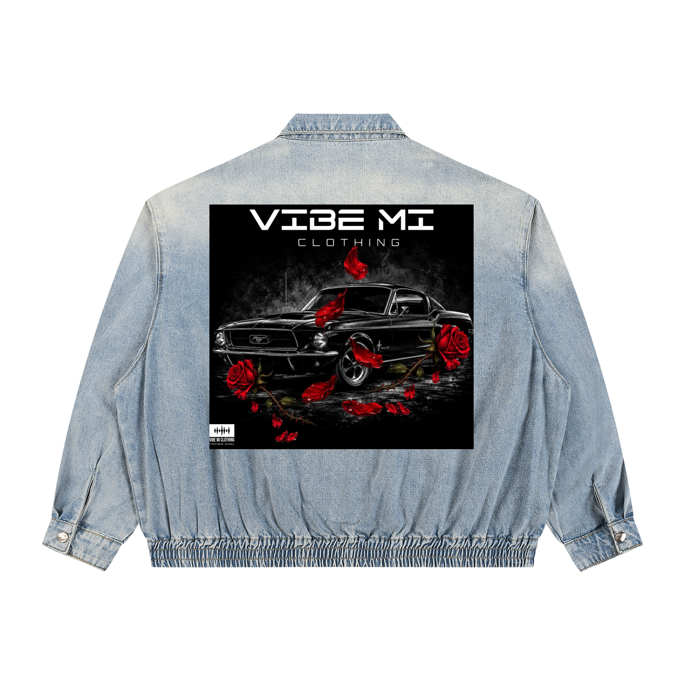 New ,Outerwear ,Mustang lovers,Rose petals ,Denim Jacket ,Women's denim Jacket ,Men's denim Jacket ,Red roses ,Black mustang ,Vibe Mi Clothing 