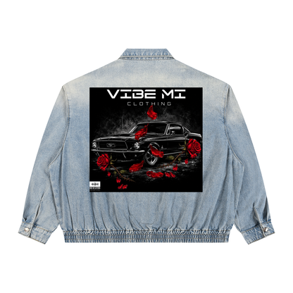 New ,Outerwear ,Mustang lovers,Rose petals ,Denim Jacket ,Women's denim Jacket ,Men's denim Jacket ,Red roses ,Black mustang ,Vibe Mi Clothing 