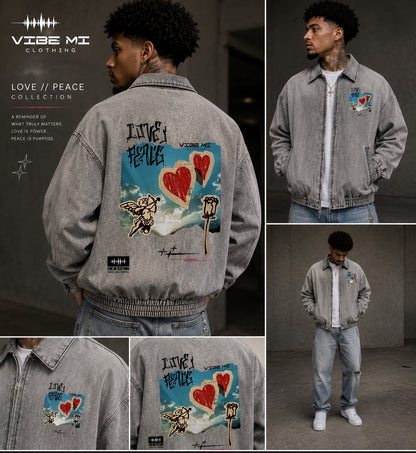 Love And Peace Unisex Vintage Wash Full-Zip Denim Jacket