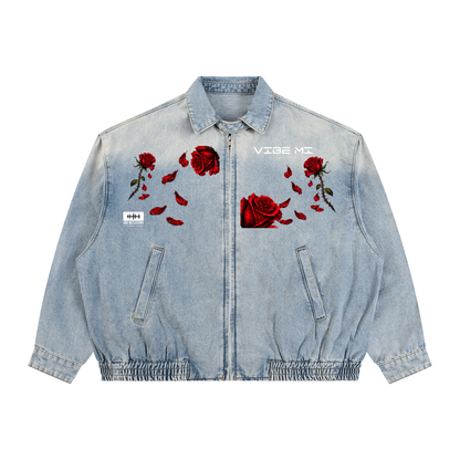 New ,Outerwear ,Mustang lovers,Rose petals ,Denim Jacket ,Women's denim Jacket ,Men's denim Jacket ,Red roses ,Black mustang ,Vibe Mi Clothing 