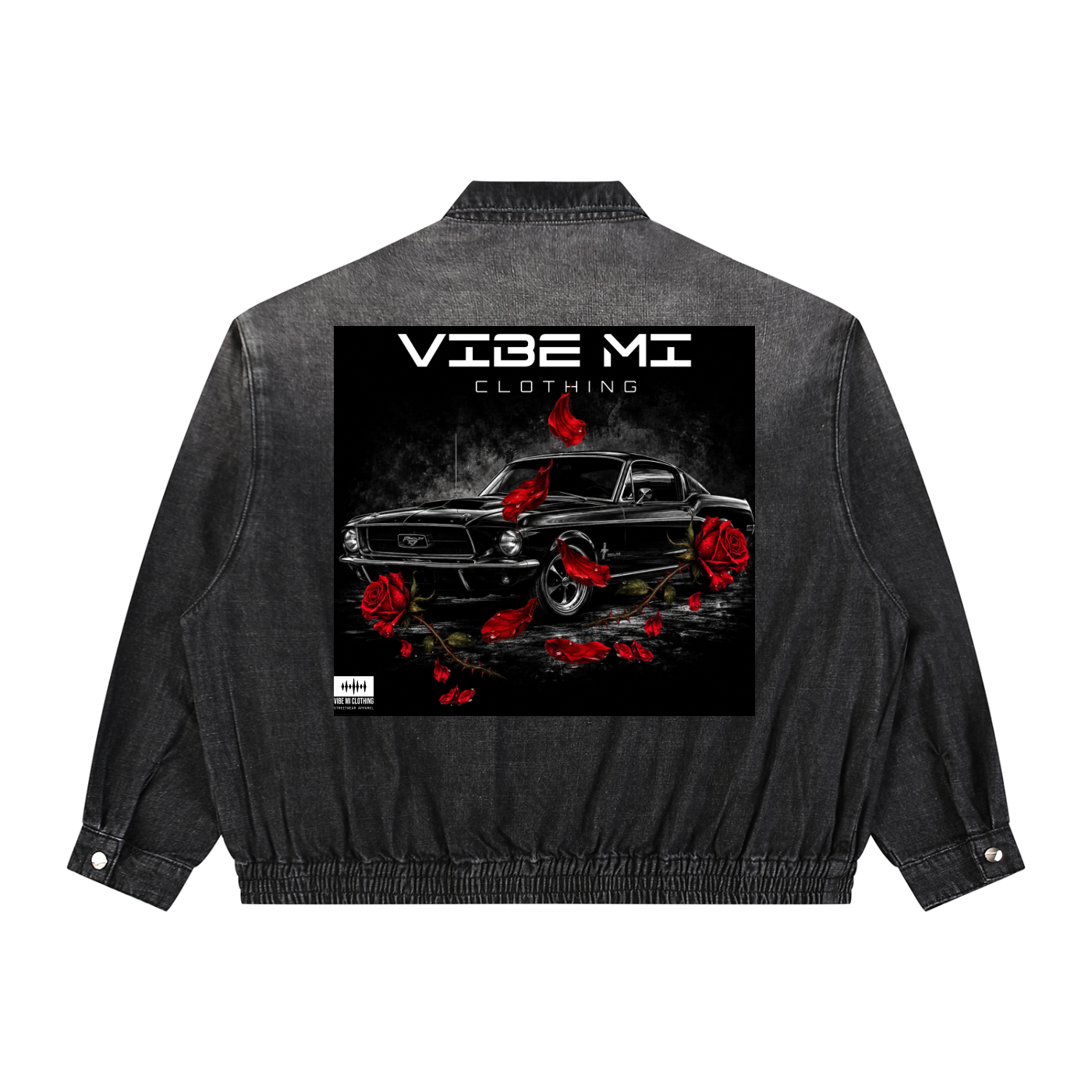 New ,Outerwear ,Mustang lovers,Rose petals ,Denim Jacket ,Women's denim Jacket ,Men's denim Jacket ,Red roses ,Black mustang ,Vibe Mi Clothing 