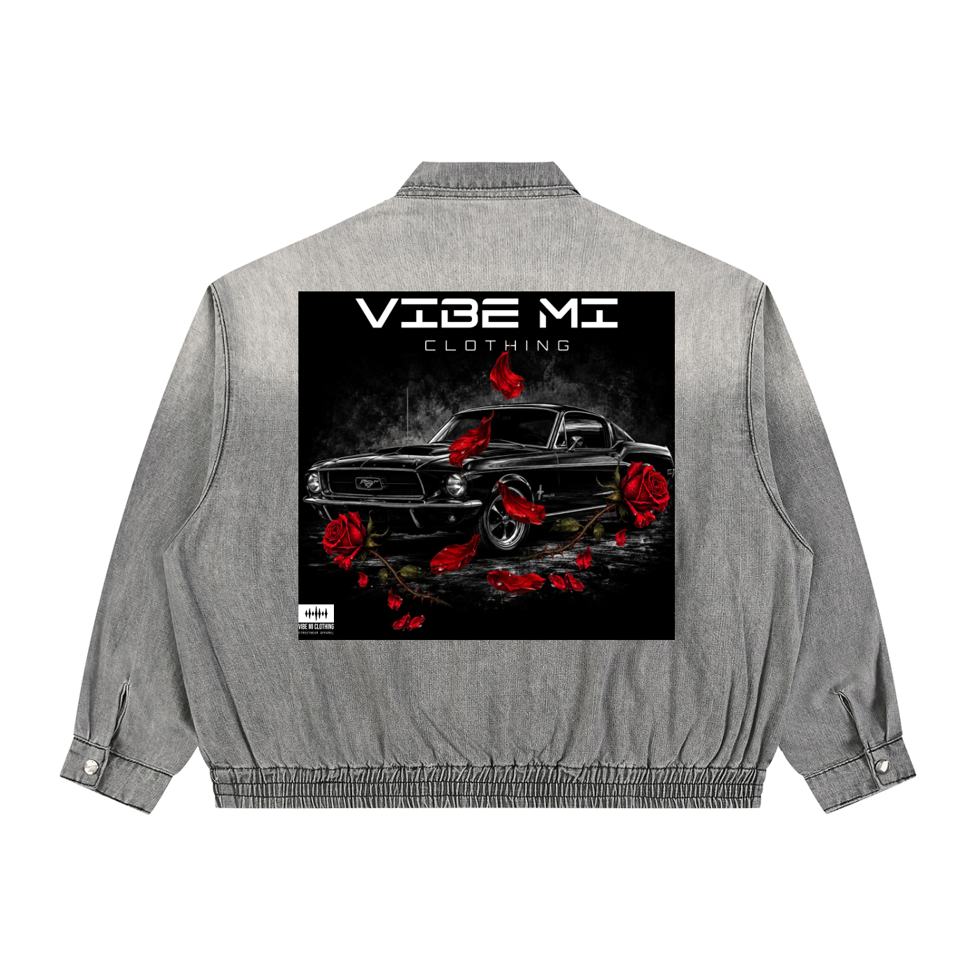 New ,Outerwear ,Mustang lovers,Rose petals ,Denim Jacket ,Women's denim Jacket ,Men's denim Jacket ,Red roses ,Black mustang ,Vibe Mi Clothing 