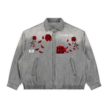 New ,Outerwear ,Mustang lovers,Rose petals ,Denim Jacket ,Women's denim Jacket ,Men's denim Jacket ,Red roses ,Black mustang ,Vibe Mi Clothing 