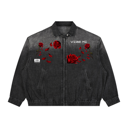 New ,Outerwear ,Mustang lovers,Rose petals ,Denim Jacket ,Women's denim Jacket ,Men's denim Jacket ,Red roses ,Black mustang ,Vibe Mi Clothing 