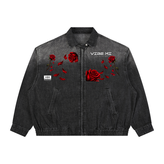New ,Outerwear ,Mustang lovers,Rose petals ,Denim Jacket ,Women's denim Jacket ,Men's denim Jacket ,Red roses ,Black mustang ,Vibe Mi Clothing 