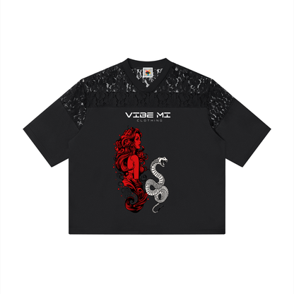 Forbidden Bloom Unisex Lace Paneling V-Neck T-Shirt