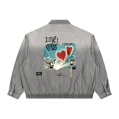 Love And Peace Unisex Vintage Wash Full-Zip Denim Jacket