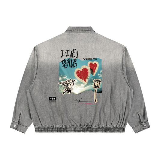 Love And Peace Unisex Vintage Wash Full-Zip Denim Jacket
