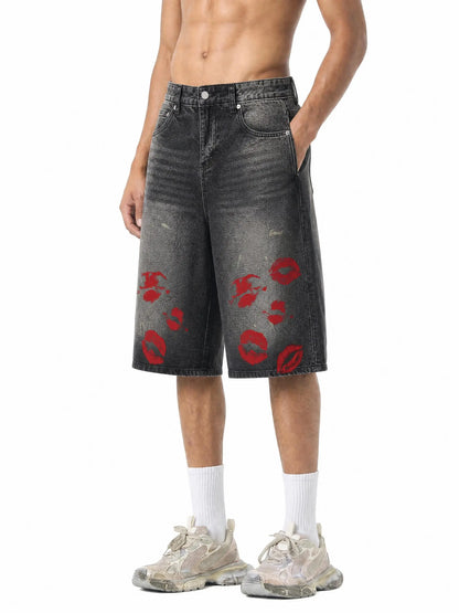 Lip Stained Men’s Vintage Wash Wide Leg Denim Shorts