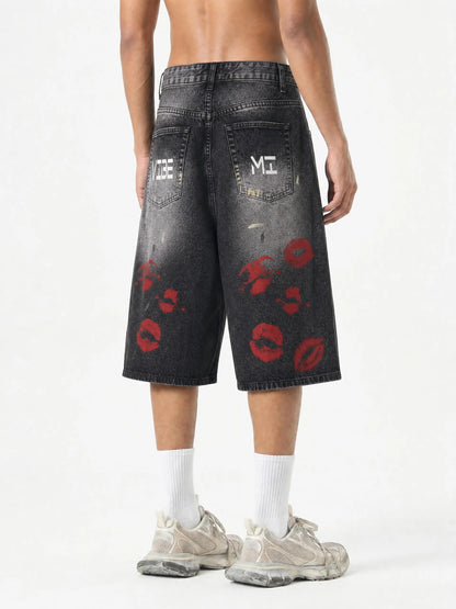 Lip Stained Men’s Vintage Wash Wide Leg Denim Shorts