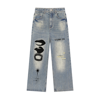 Kiss ,Legwear ,Denim pants ,graphic jeans ,jeans,denim ,streetwear ,vibe mi clothing ,trendy ,fashion 