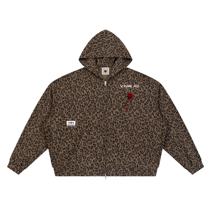 Fallen Petals Unisex Leopard Print Waffle Full Zip Hoodie