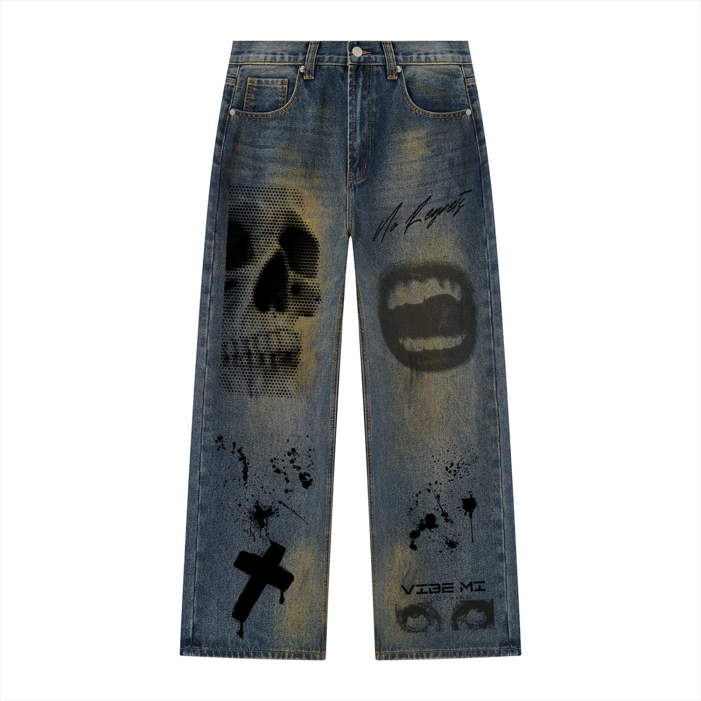 Vibe Mi Clothing No Regrets Men's Vintage Wash Wide Leg Denim Jeans