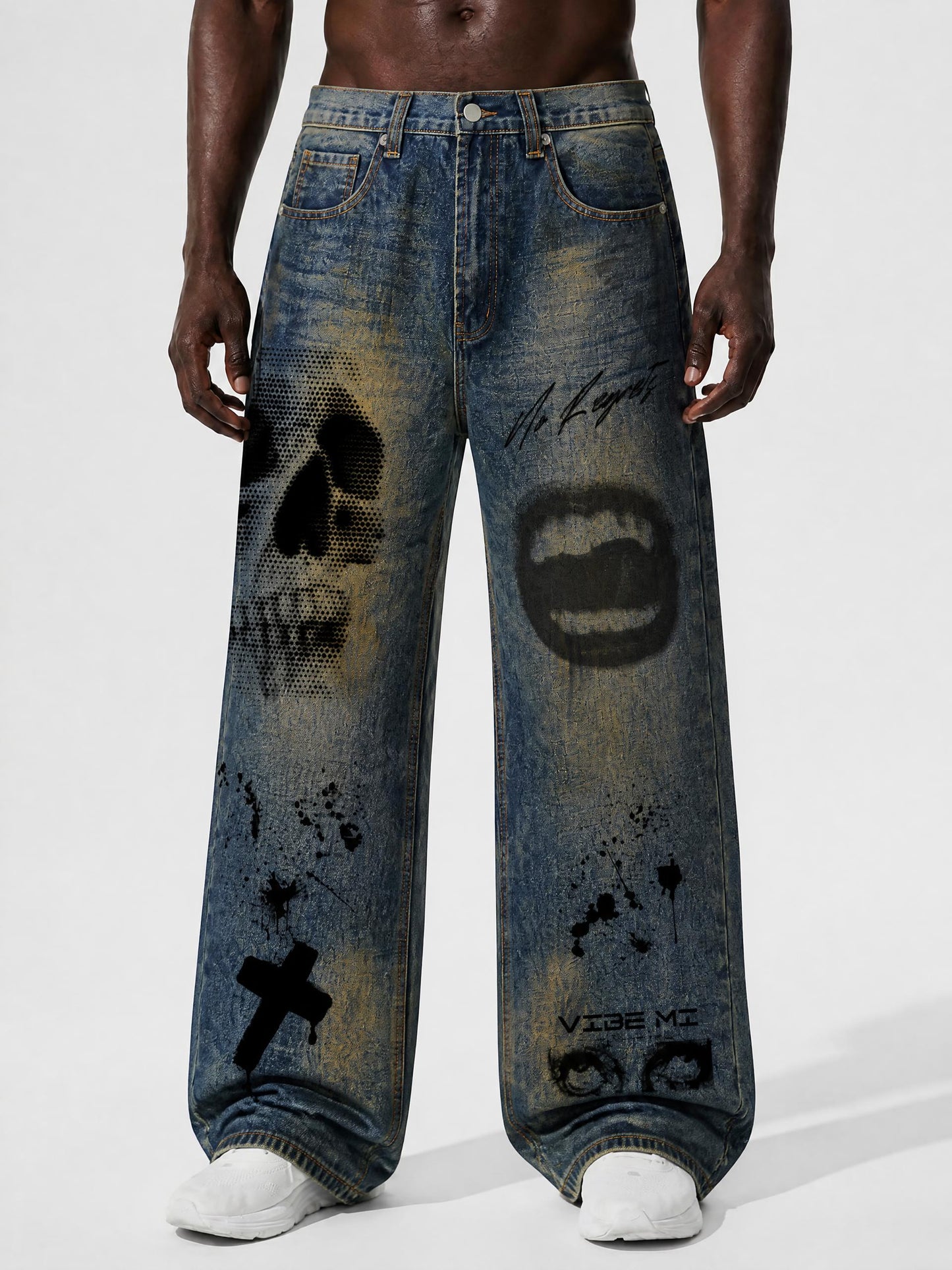 Vibe Mi Clothing No Regrets Men's Vintage Wash Wide Leg Denim Jeans