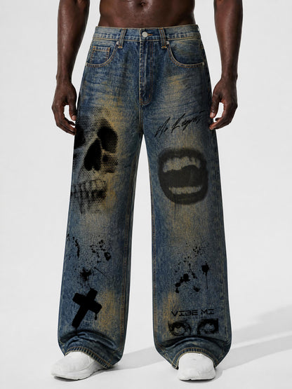 Vibe Mi Clothing No Regrets Men's Vintage Wash Wide Leg Denim Jeans